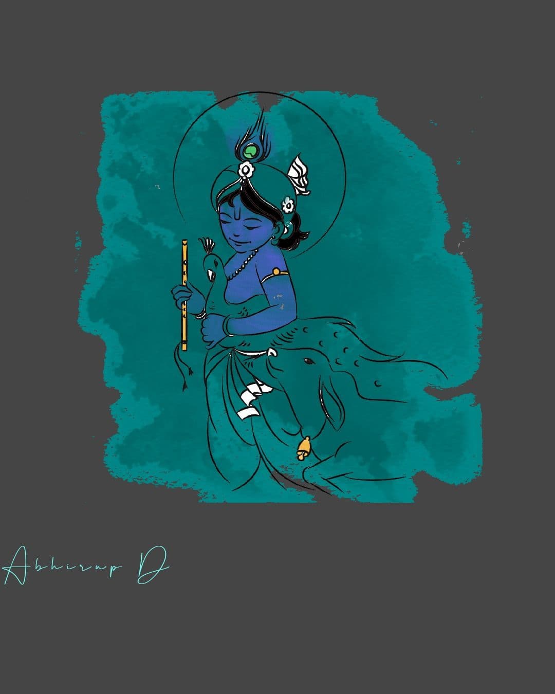 Stylised illustration of Krishna with peacock feather and cow, watercolour treatment on dark background. Original digital painting.