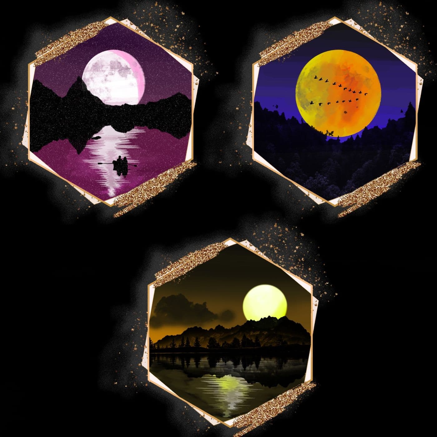 Three hexagonal moonscape illustrations — purple, orange, and yellow moons over silhouetted landscapes with gold leaf accents.