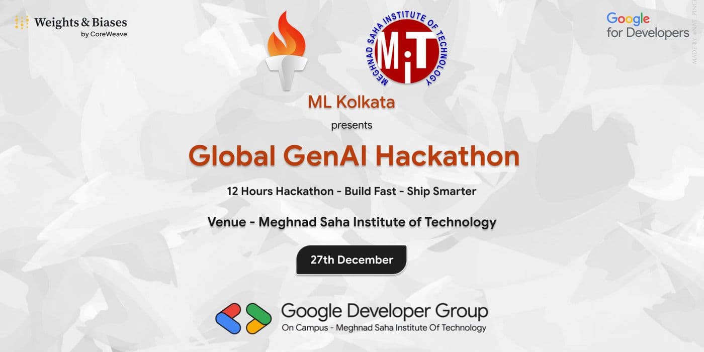 Global GenAI Hackathon banner v2 by ML Kolkata, scrapbook-style with masking-tape framing.