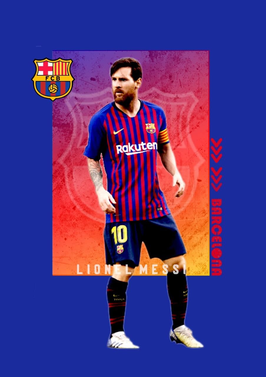 Lionel Messi Barcelona fan art poster — composite work with player cut-out, gradient texture, and vertical typography. Fan art, not commissioned.